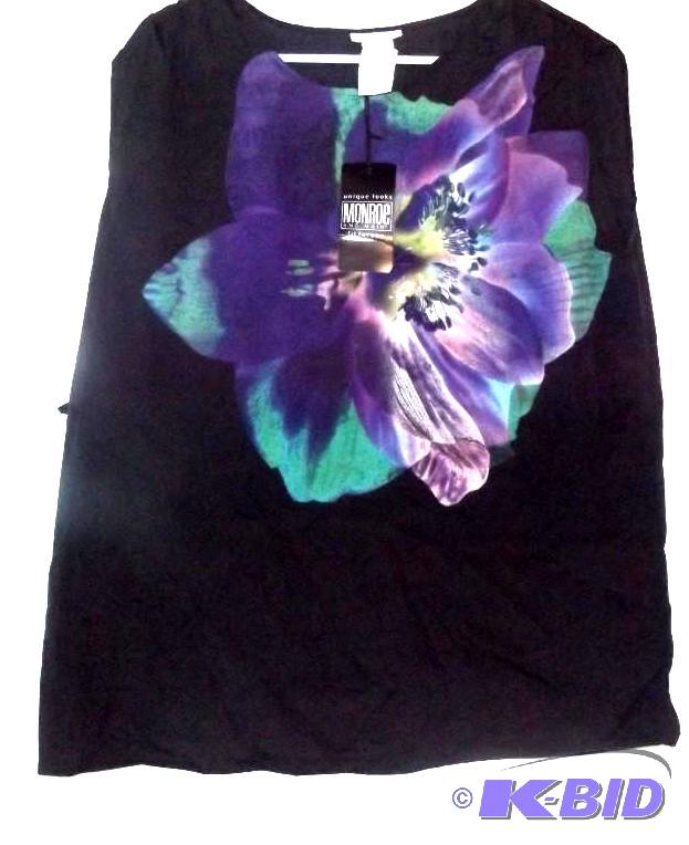 Monroe and Main black dress top with purple and green flower