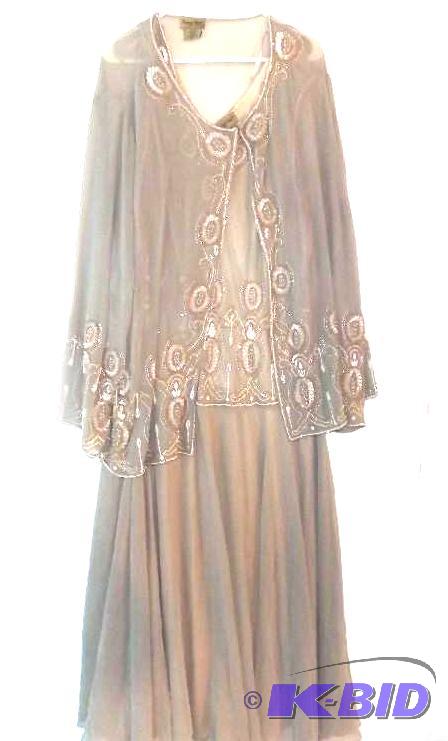 Midnight Velvet taupe dress and cardigan with gold and white beads