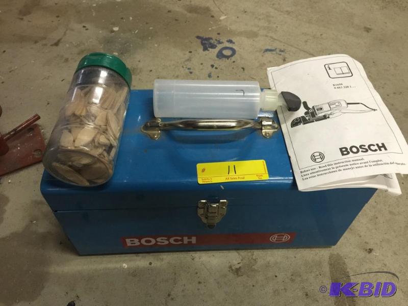 lot 11 image: Bosch 1650 Plate Joiner and Jar of Biscuits