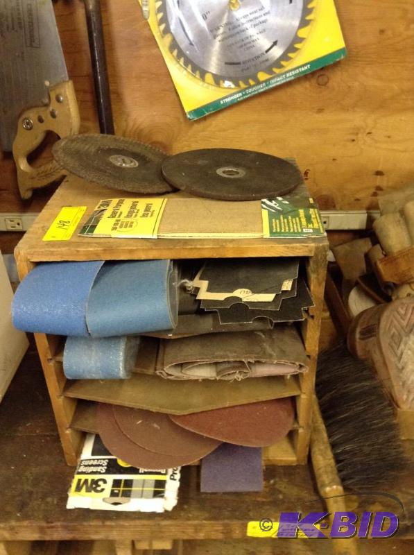 lot 146 image: Lot of Miscellaneous Sandpaper and Wooden Shelf