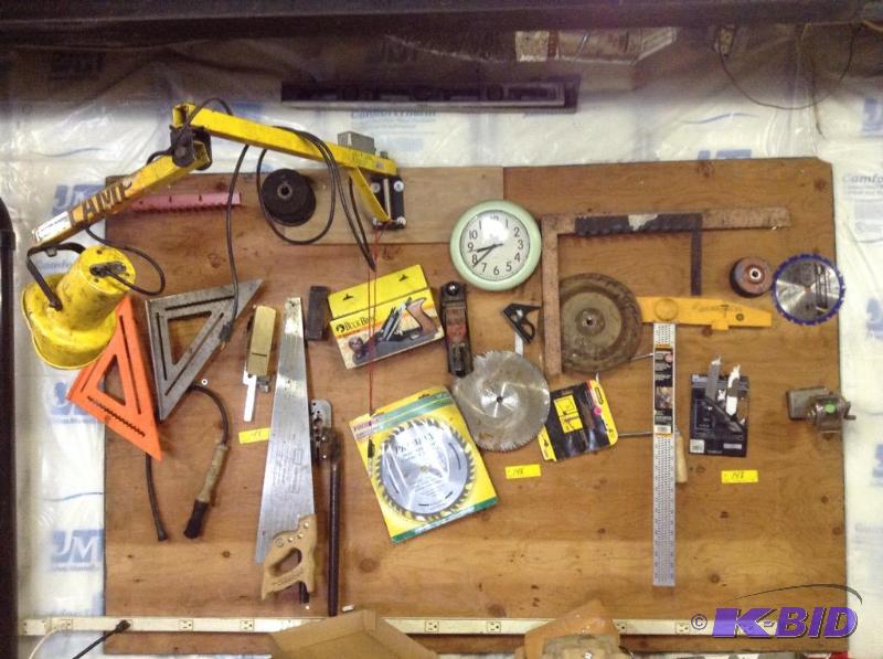 lot 148 image: Workbench Backboard with Tools and Shop Light