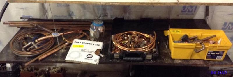 lot 150 image: Shelf of Copper Tubing, Fittings - Brass Valves and more