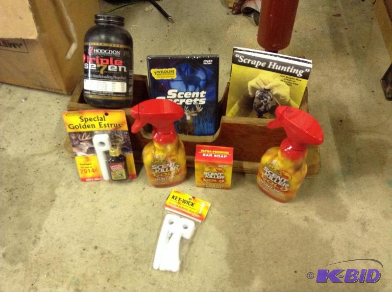 lot 164 image: Gun Sight Box and Scent Killer Products