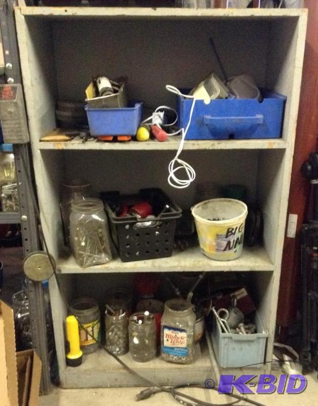 lot 80 image: Wood Garage Shelf with Contents