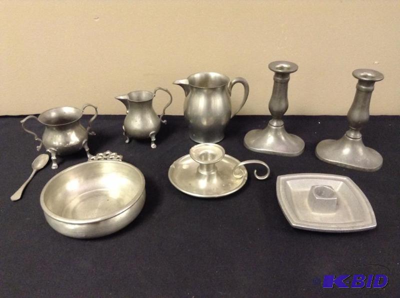 lot 17 image: Several Pieces of Pewter - Candlestick Holders and More