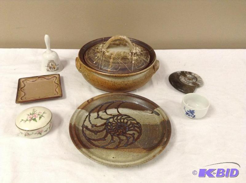 lot 29 image: Stoneware Casserole - Some Decor Items Including Polished Fossil
