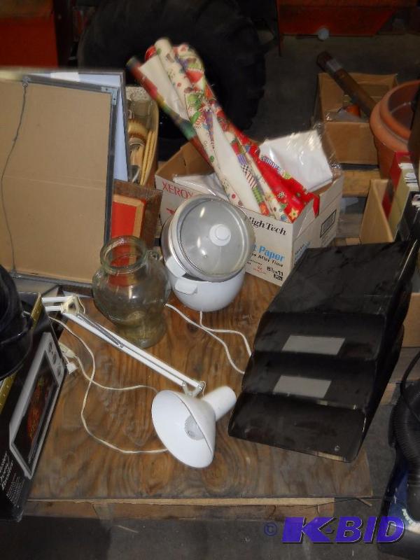 lot 52 image: Desk Light, Vase, Crock Pot, Bowl and Wall File