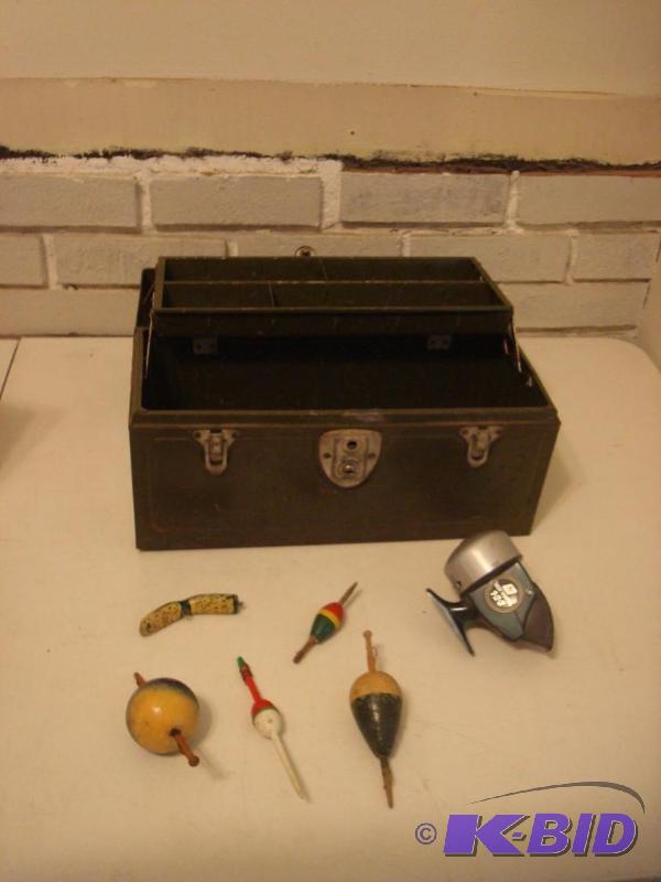 lot 231 image: Tackle Box With Vintage Bobbers And Reel...