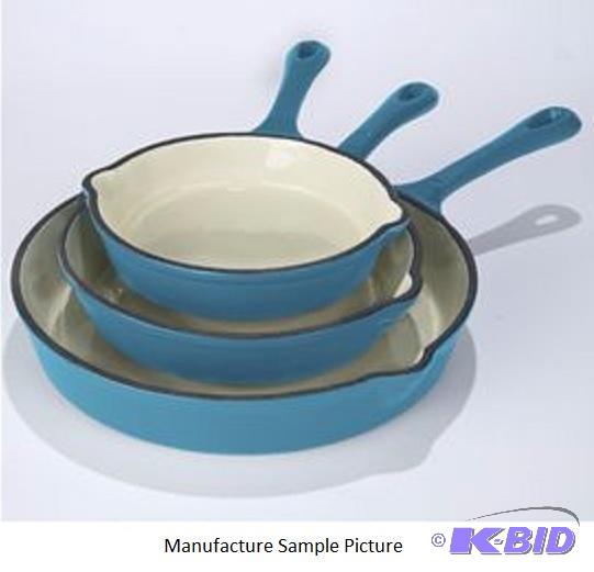 lot 70 image: Three Piece Enameled Cast Iron Skillet Set - ...