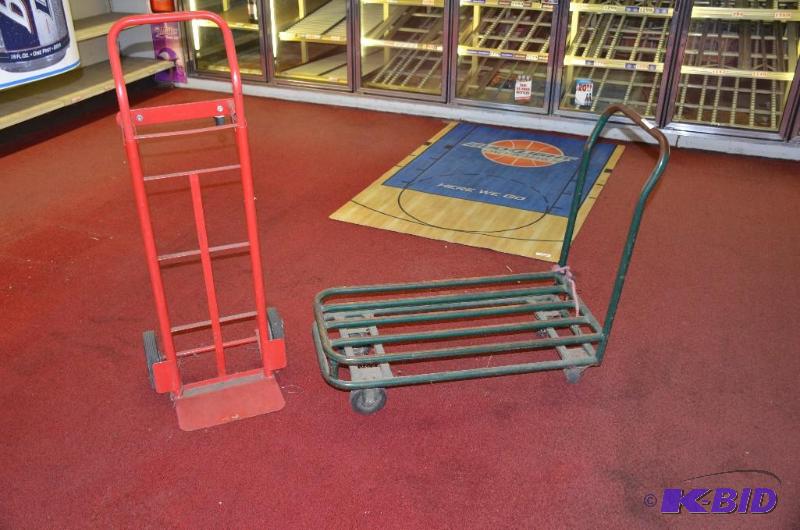 lot 160 image: 2 Hand Truck dolly, 1 is red and 1 is green. ...