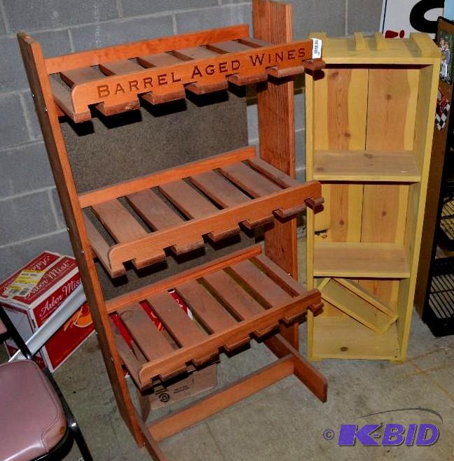 lot 164 image: 2 wooden holders. 1 reads Barrel Age Wines. 1...