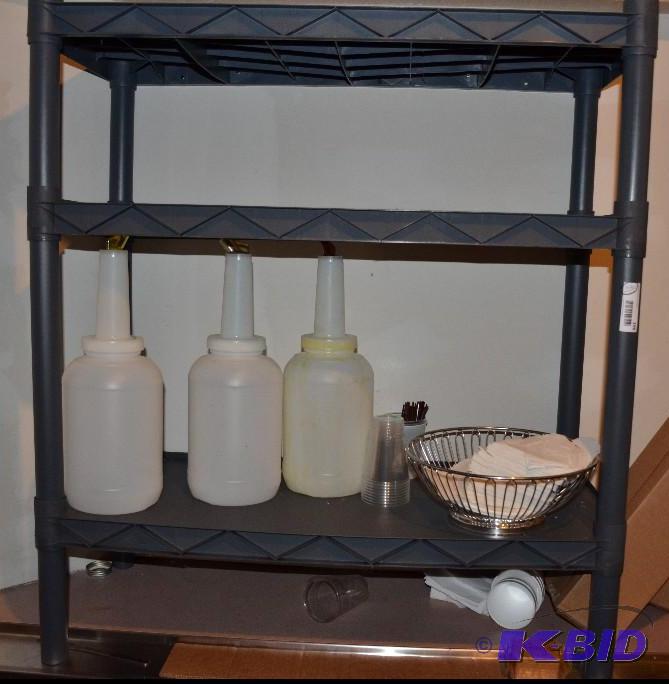 lot 198 image: Gray plastic shelf with contents in storage r...