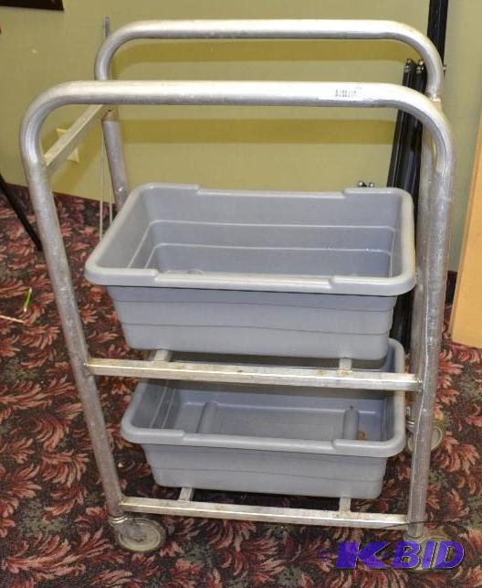 lot 203 image: Metal rolling cart with plastic shelves for b...