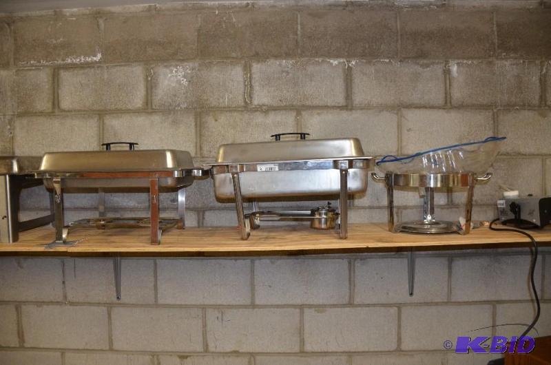 lot 210 image: 3 chafing pans. 2 rectangular, 1 round.  One ...