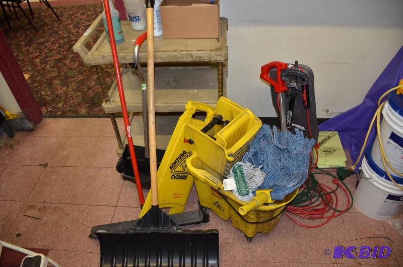 lot 289 image: rolling cart, broom, shovel, mop and bucket a...