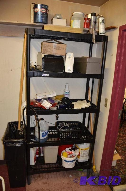 lot 290 image: black plastic shelf with contents including c...