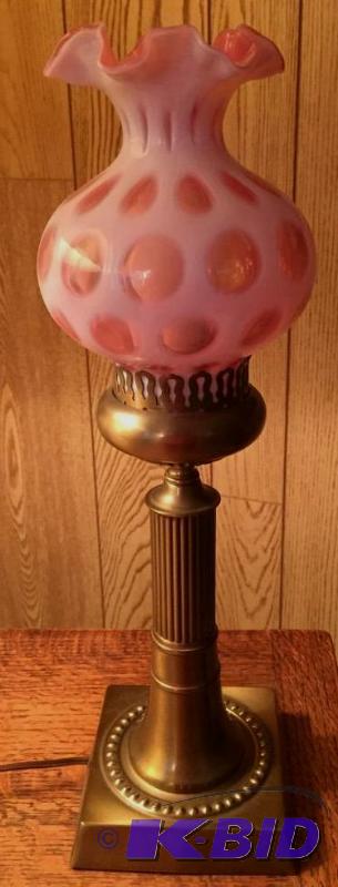 lot 36 image: Vintage Cranberry Fenton Coin Spot Lamp