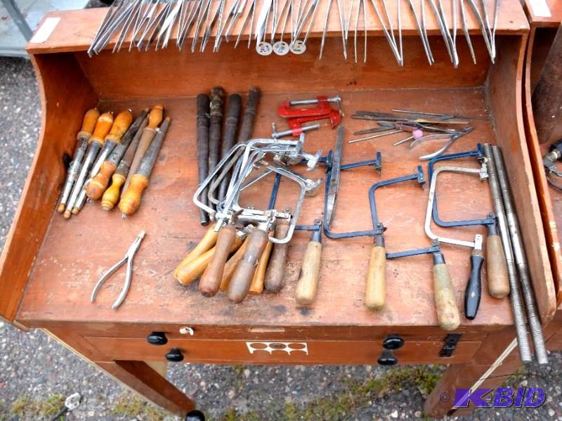 lot 28 image: Vintage Jewelers workbench with Jewelry tools...