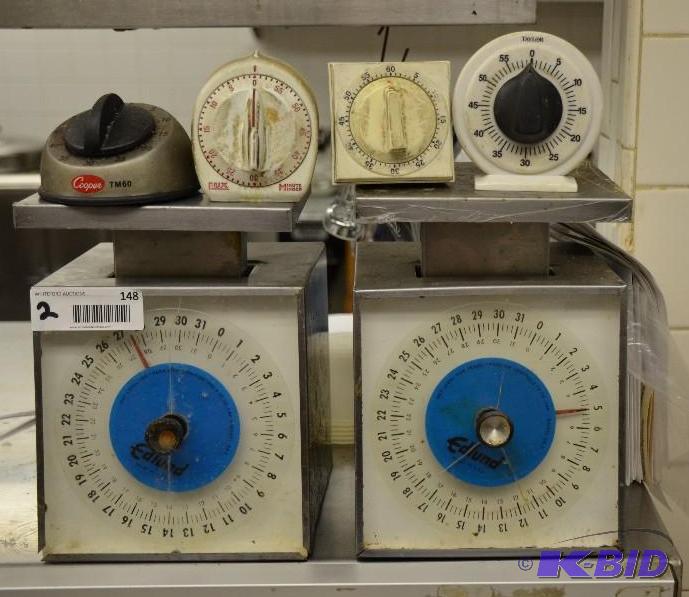 lot 148 image: 2 Edlund food scales, 4 timers Coopers, minu...