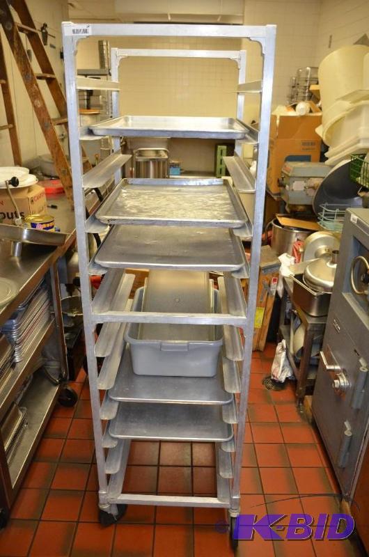 lot 34 image: NSF stainless steel rolling food tray with ra...