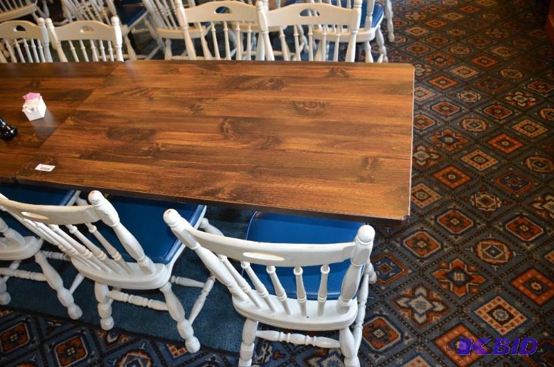 lot 65 image: Wood table with 4 chairs 30x48x30 and 16x17x3...