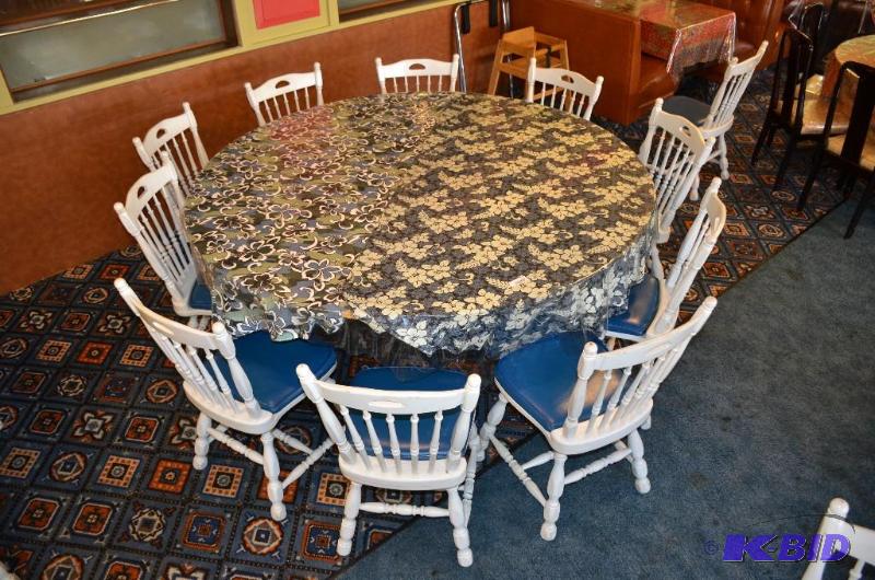 lot 68 image: Wood table w tablecloth and 10 chairs 72 12 ...