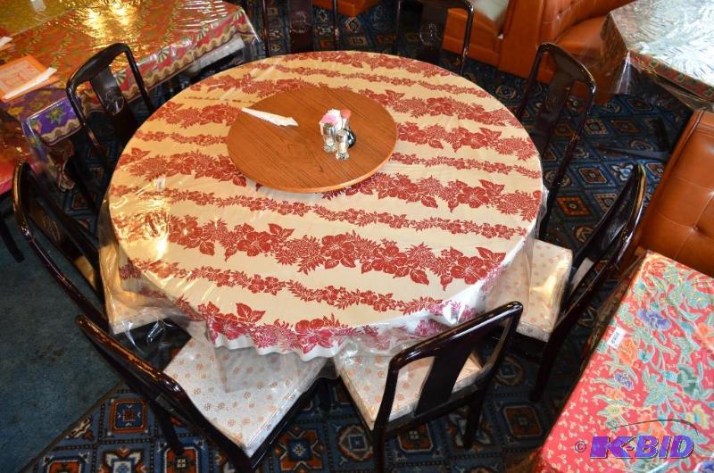 lot 70 image: Wood drop leaf table with plastic table cover...