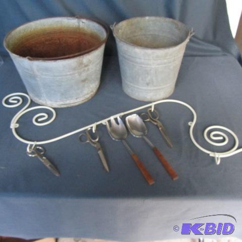 Galvanized Pails, Hanger, Scissors