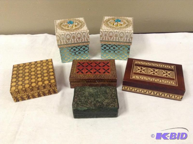 Assortment of Hand Carved Wooden Boxes and Pretty Bejeweled Boxes