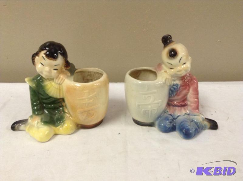 Cute Vintage Royal Copley Asian Boy & Girl Planters