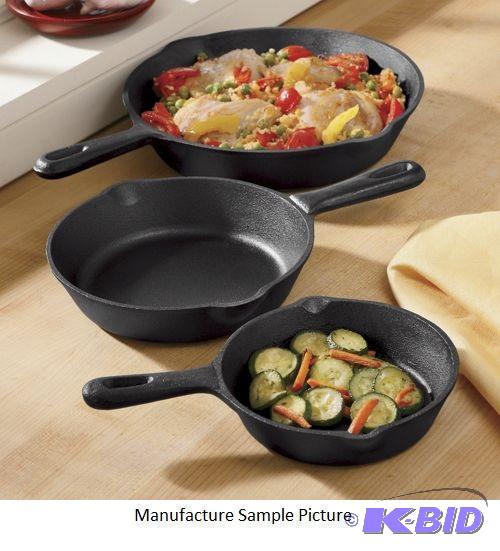 Set of 3 Cast Iron Fry Pans - Pre-seasoned ca...