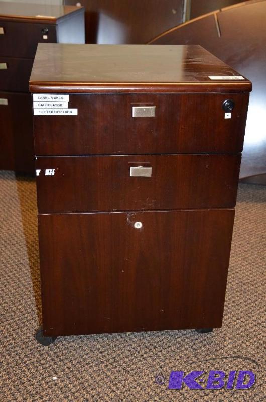 lot 106 image: &nbspBrown wood 3-drawer rolling filing cabi...