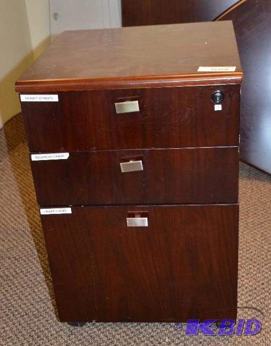 lot 107 image: Brown wood 3-drawer rolling filing cabinet. 1...