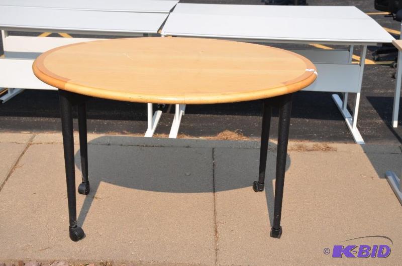 lot 160 image: Oval wood office table on wheels 47x35x30...