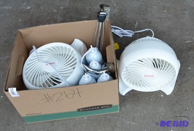 lot 264 image: 2 Honeywell fans, 4 cans of foam hand sanitiz...
