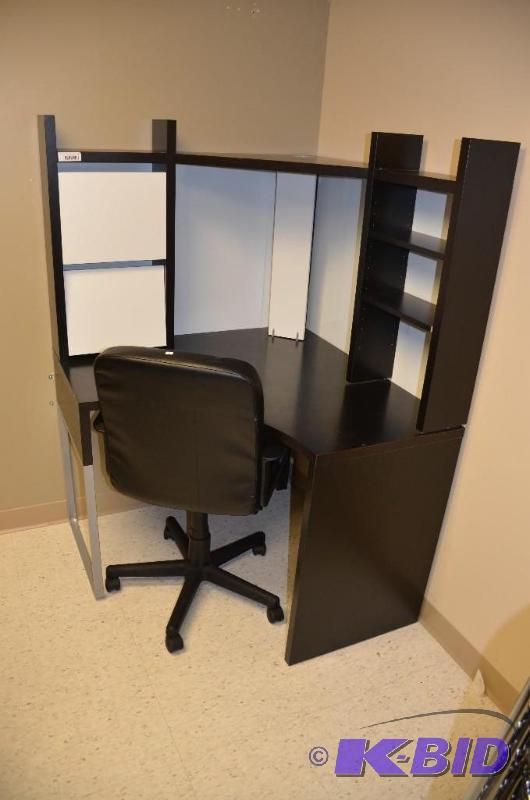 lot 7 image: Brown corner desk with chair. 39&quotx39&quo...