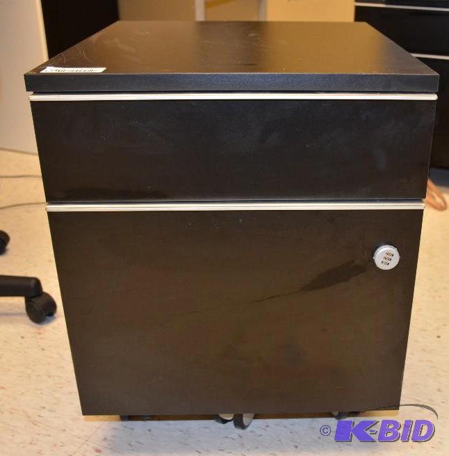 lot 95 image: Brown wood filing cabinet on wheels 18x20x23...