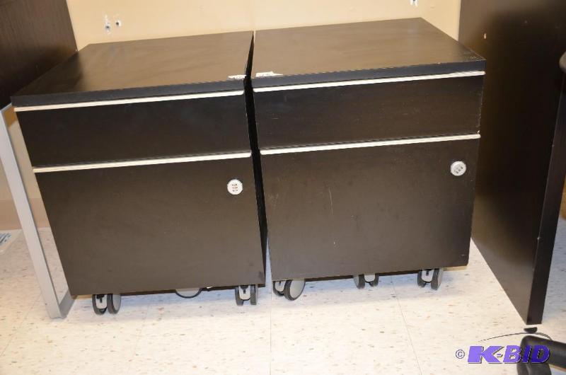 lot 96 image: 2 brown wood filing cabinets on wheels 18x20x...