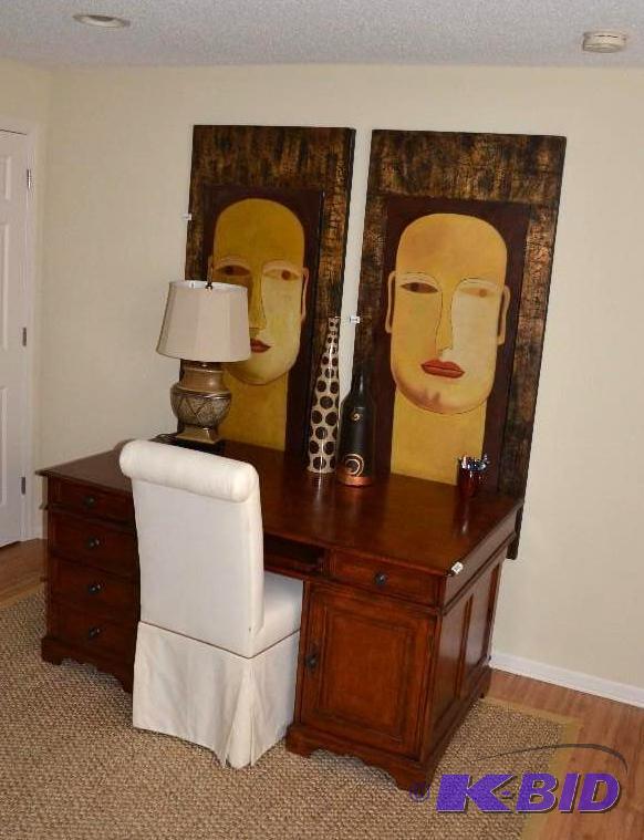 Gorgeous inlaid wood desk with white chair. A...
