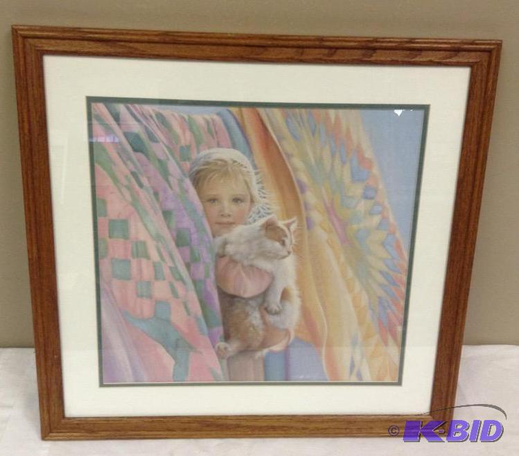 lot 38 image: Framed Girl & Kitten Print