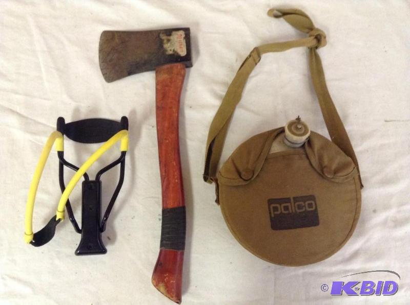 lot 129 image: Hatchet, Canteen & Sling Shot