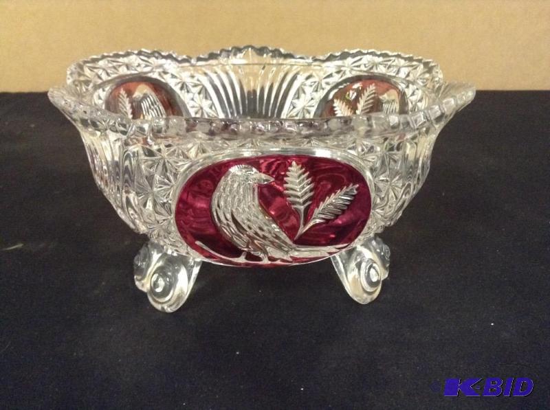 lot 64 image: Hofbauer Ruby Bird Lead Crystal Footed Bowl