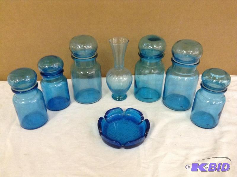 lot 78 image: Blue Glass Apothecary Bubble Top Jars