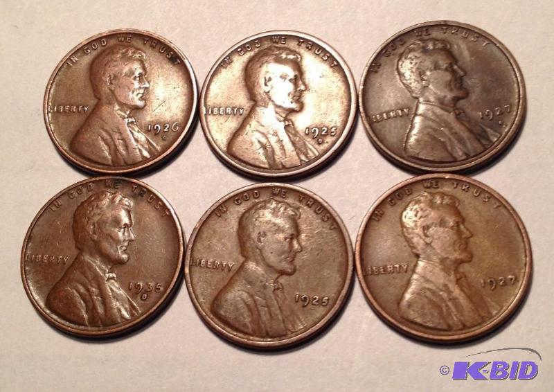 Lot of (6)  Lincoln Cents (4) are Better Dates 1925-D, 1926-D, 1927-D, 1935-D and 1925-P and 1927-P