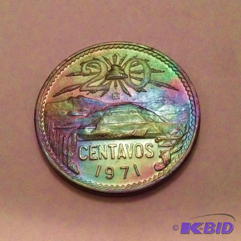 1971 Mexico 20 Centavos Copper Wild Rainbow Toning Classic Design Nice Gem BU Grade