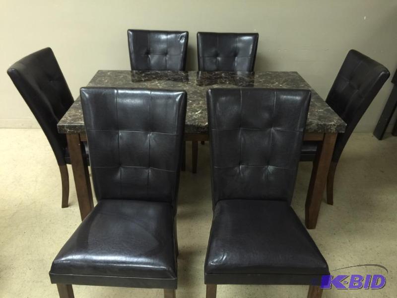 lot 10 image: Ashley Signature Design Series Faux Marble Table & 6 Upholstered Chairs