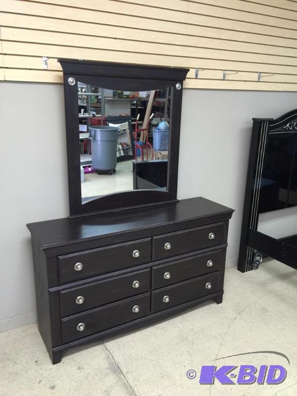 lot 21 image: Dark Stain Wooden Dresser with Mirror