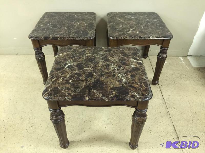 lot 4 image: Set of 3 Ashley Signature Design Faux Marble End Tables