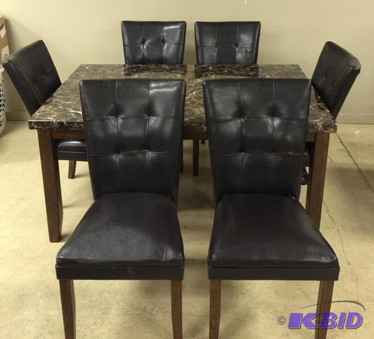 lot 5 image: Ashley Signature Design Series Faux Marble Kitchen Table With 6 Upholstered Leather Chairs