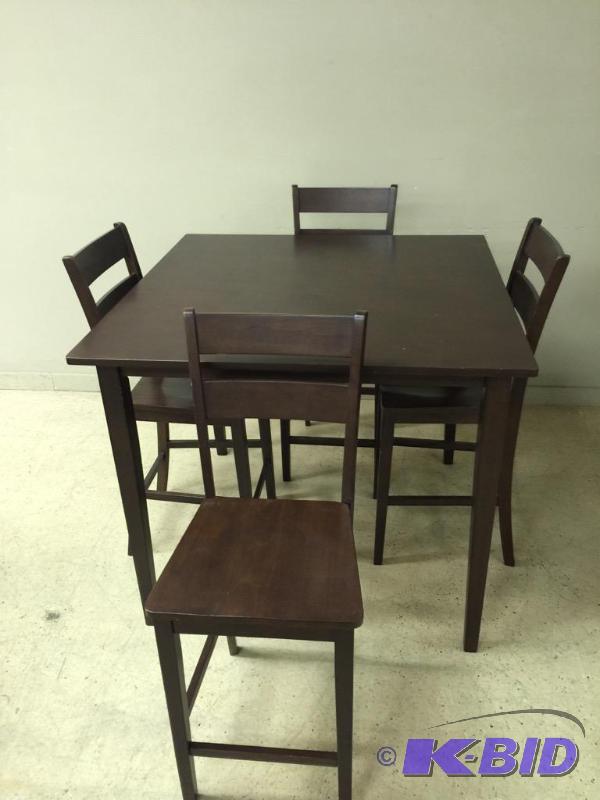lot 9 image: Dark Brown Pub Table with Four High Chairs
